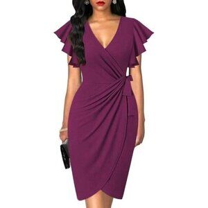 Women's V-Neck Ruffle Sleeve Faux Wrap Stretch Tulip Hem Purple Dress Size Small